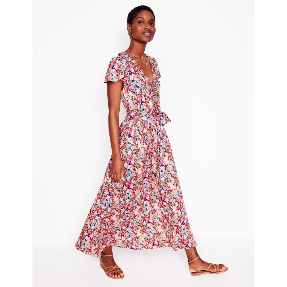 Boden Nicola Jersey Tea Dress Floral Midi Dress Pink Multicolor US 10P Pockets